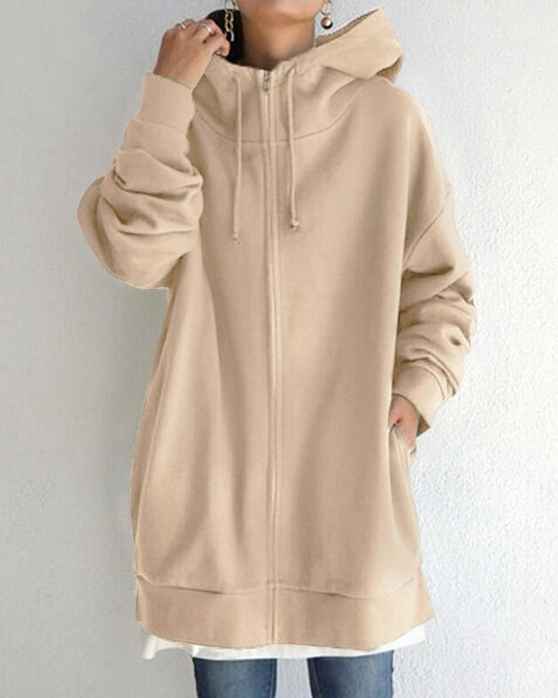 Lange sweatshirtjacke mit reißverschluss an der kapuze
