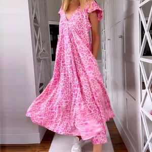 V-Ausschnitt kurzen Ärmeln Bedrucktes langes Kleid